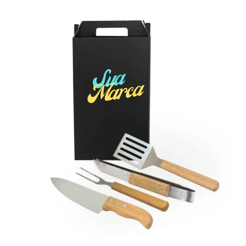 Conjunto Churrasco Inox e Madeira 4 Peças
