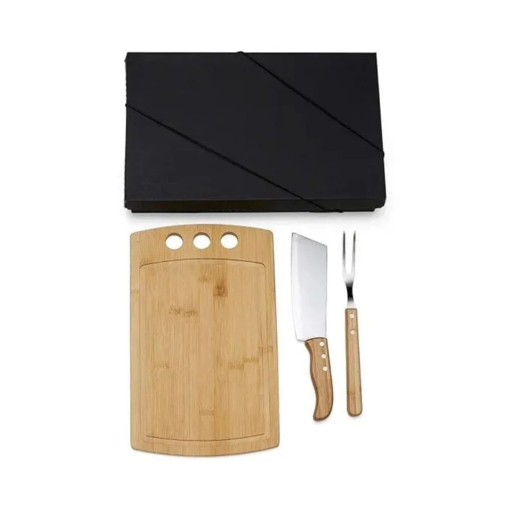 Kit Churrasco e Cozinha Bambu e Inox 3 Peças