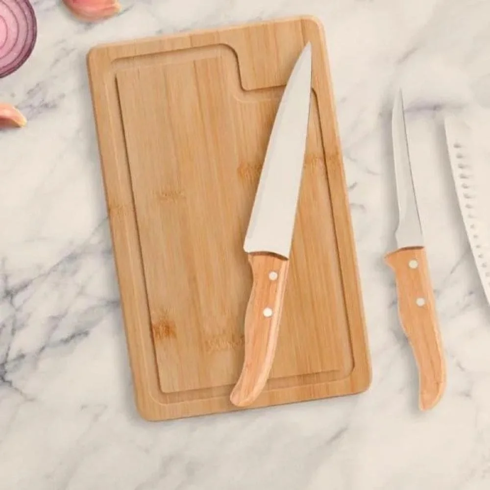 Kit Churrasco e Cozinha Bambu e Inox 4 Peças