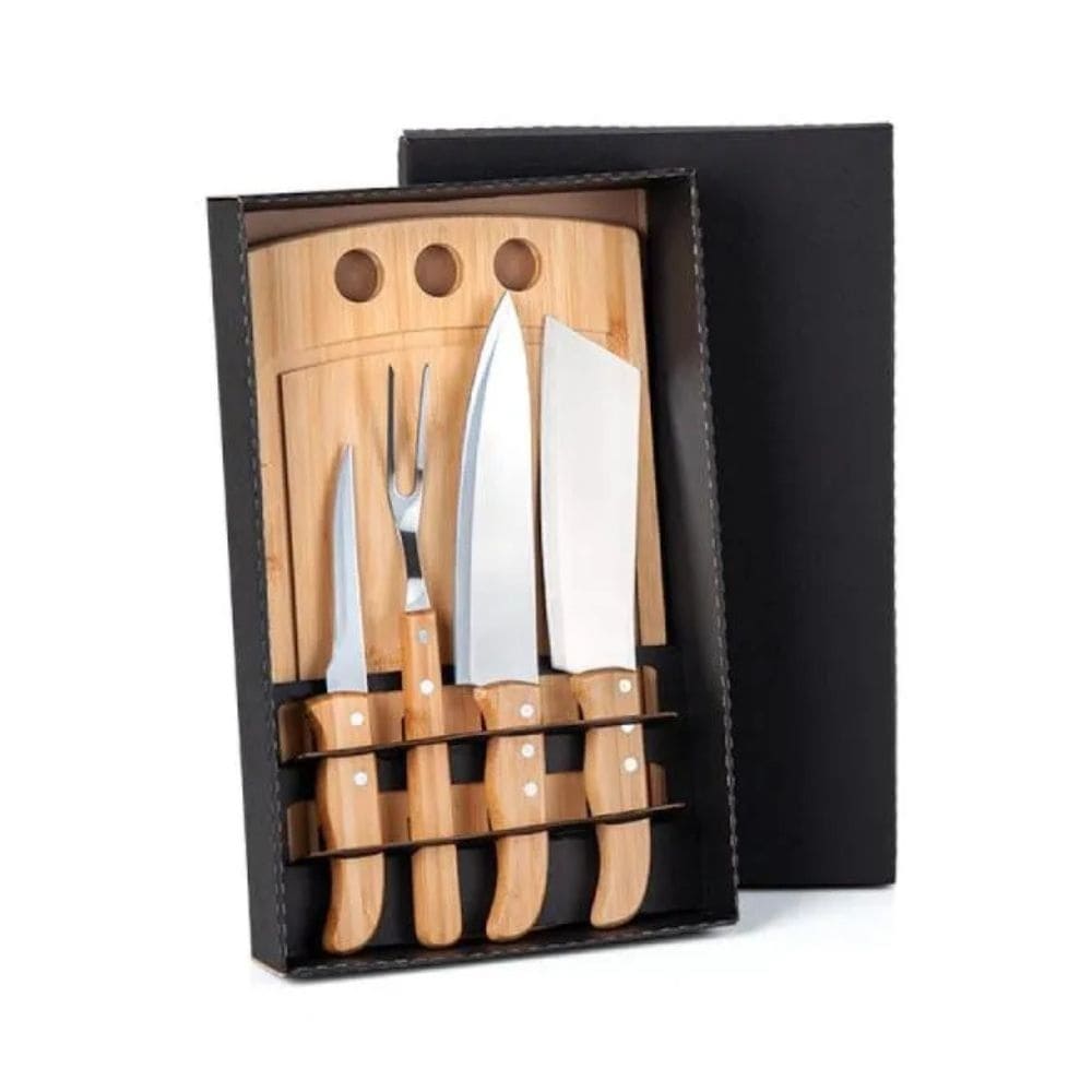 Kit Churrasco e Cozinha Bambu e Inox 5 Peças