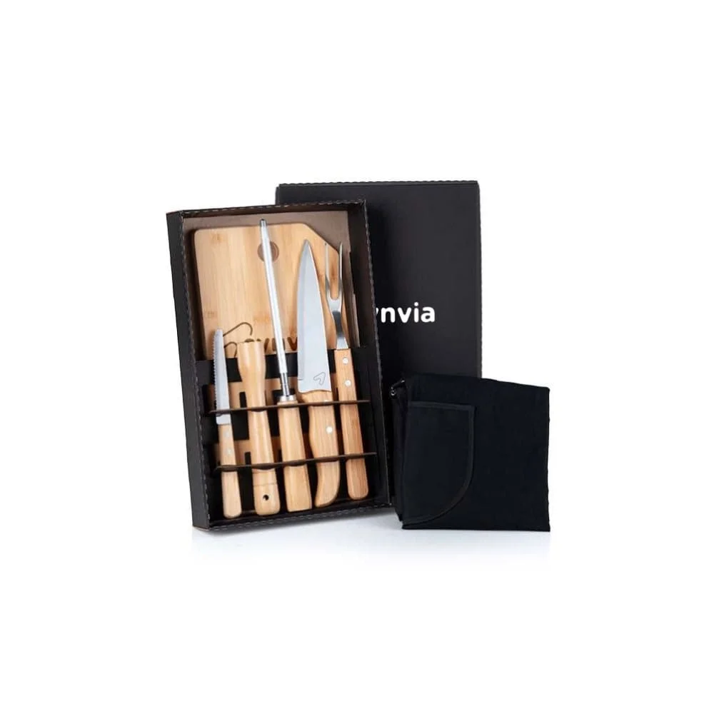 Kit Para Churrasco Bambu e Inox com Avental