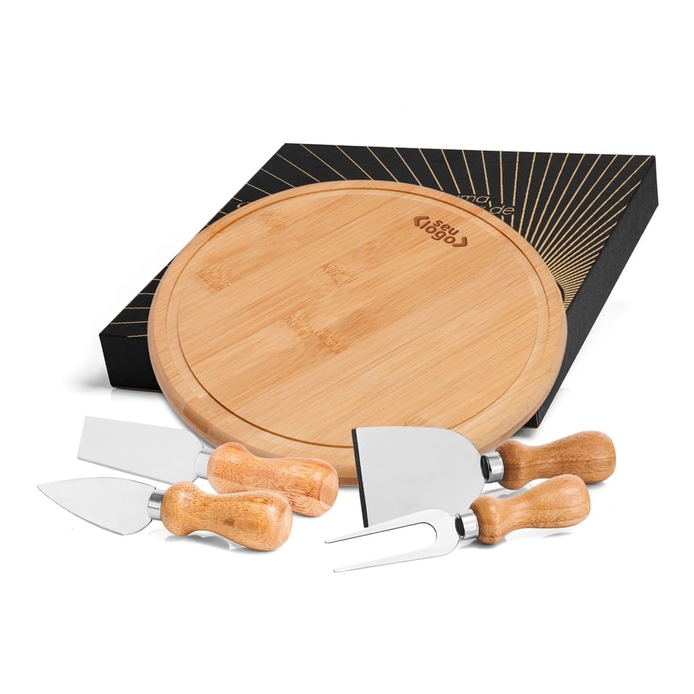 Kit Para Queijo em Bambu, Madeira e Inox 5 Peças