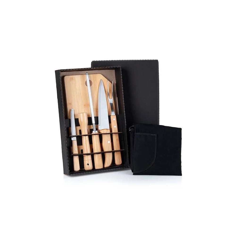 Kit Para Churrasco Bambu e Inox com Avental-PSM-ME20883
